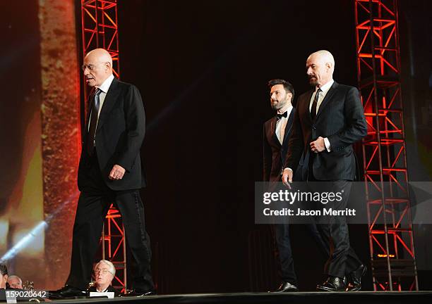 Actors Alan Arkin, Ben Affleck and Bryan Cranston accept the Ensemble Performance Award onstage during the 24th annual Palm Springs International...