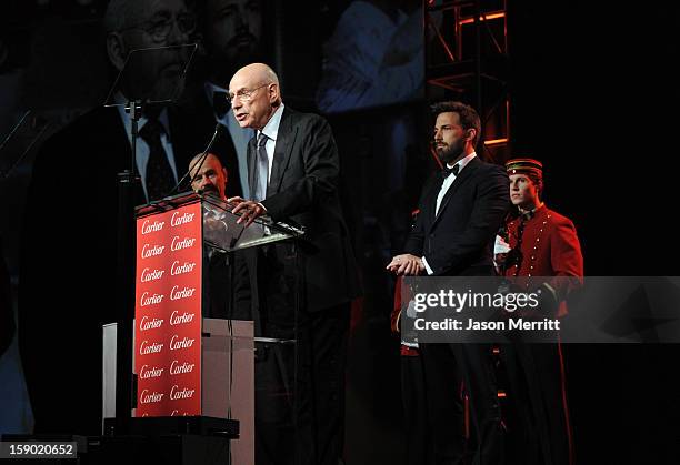 Actors Bryan Cranston, Alan Arkin and Ben Affleck accept the Ensemble Performance Award onstage during the 24th annual Palm Springs International...