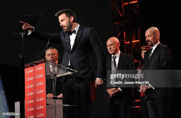 Actors Ben Affleck, Bryan Cranston and Alan Arkin accept the Ensemble Performance Award onstage during the 24th annual Palm Springs International...