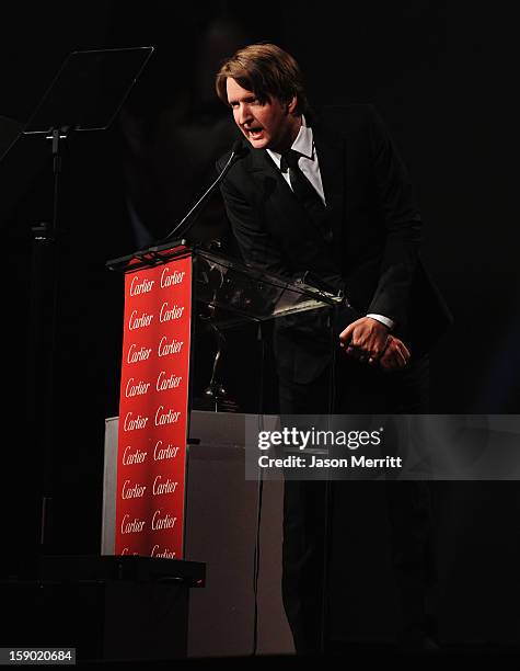 Director Tom Hooper speaks onstage during the 24th annual Palm Springs International Film Festival Awards Gala at the Palm Springs Convention Center...