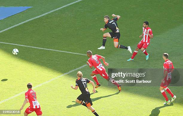 Besart Berisha of the Roar scores a goal during the round 15 A-League match between the Melbourne Heart and the Brisbane Roar at AAMI Park on January...