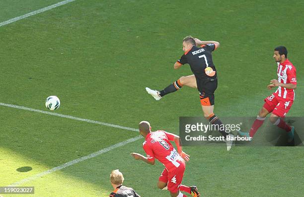 Besart Berisha of the Roar scores a goal during the round 15 A-League match between the Melbourne Heart and the Brisbane Roar at AAMI Park on January...