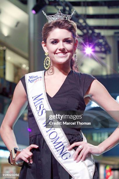 Miss Wyoming Lexie Madden is introduced at the 2013 Miss America Pageant meet and greet fashion show at the Fashion Show mall on January 5, 2013 in...