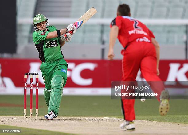 Luke Wright of the Melbourne Stars hits the ball off the bowling of Darren Pattinson of the Melbourne Renegades during the Big Bash League match...