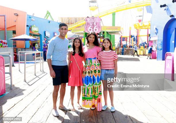 Prime Minister Rishi Sunak, Anoushka Sunak, Akshata Murty and Krishna Sunak at Santa Monica Pier on August 03, 2023 in Santa Monica, California....