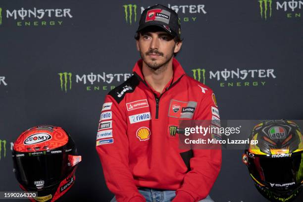 Francesco Bagnaia of Italy and Ducati Lenovo Team speaks during the press conference pre-event ahead of the MotoGP of Great Britain - Previews at...