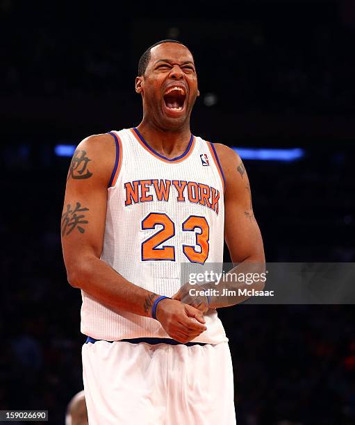 Marcus Camby of the New York Knicks reacts before playing against the San Antonio Spurs at Madison Square Garden on January 3, 2013 in New York City....