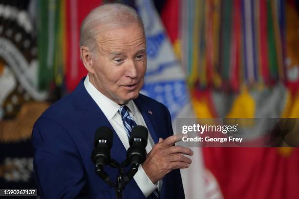 President Joe Biden speaks at the George E. Wahlen Department of Veterans Affairs Medical Center on August 10, 2023 in Salt Lake City, Utah....