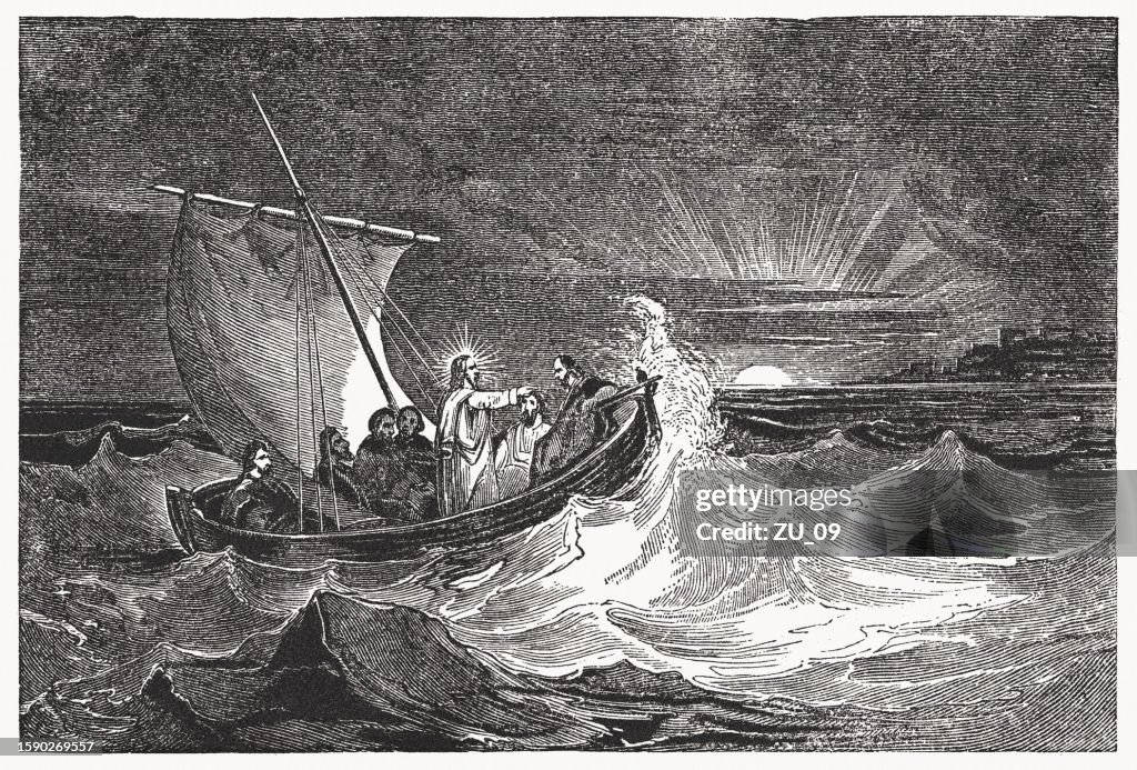 Jesus Calms The Storm Wood Engraving Published 1837 High-Res Vector ...