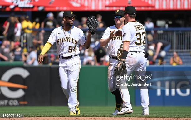 Henry Davis of the Pittsburgh Pirates celebrates with Jack Suwinski and Josh Palacios after the final out in a 7-5 win over the Atlanta Braves during...