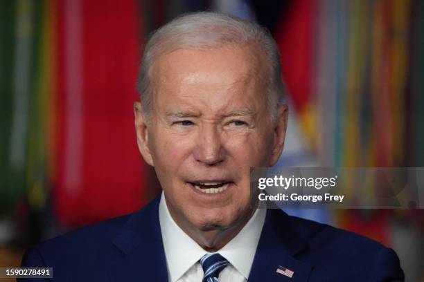 President Joe Biden speaks at the George E. Wahlen Department of Veterans Affairs Medical Center on August 10, 2023 in Salt Lake City, Utah....