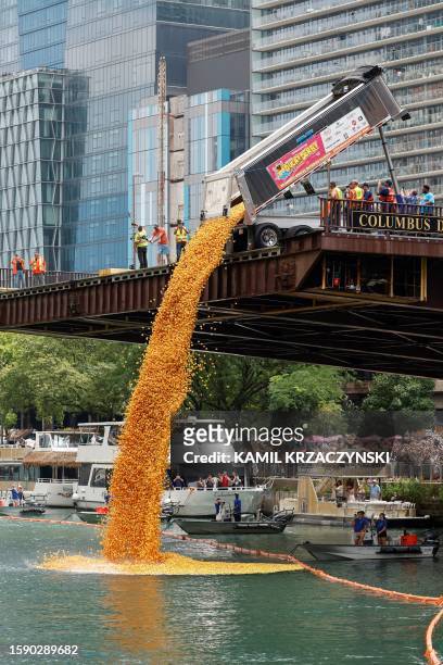 Rubber ducks are dropped from Columbus Drive Bridge into the Chicago River to start the annual Ducky Derby in Chicago, Illinois, on August 10, 2023....