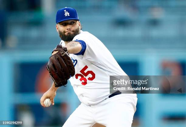 Lance Lynn of the Los Angeles Dodgers throws against the Oakland Athletics in the first inning at Dodger Stadium on August 01, 2023 in Los Angeles,...