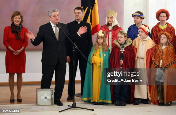 Child Epiphany carolers, known as Sternsinger in German, visit German President Joachim Gauck and his partner, Daniela Schadt , at Bellevue...