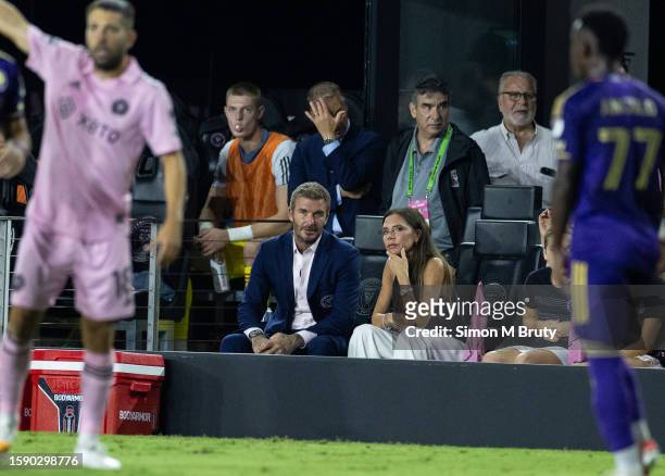 David Beckham and Victoria Beckham during the Leagues Cup 2023 match against Orlando City SC and Inter Miami CF at the DRV PNK Stadium on August 2nd,...