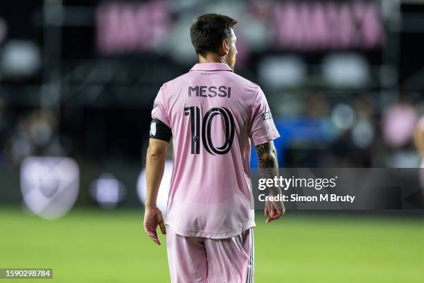 Lionel Messi of Inter Miami CF in action during the Leagues Cup 2023 match against Orlando City SC and Inter Miami CF at the DRV PNK Stadium on...