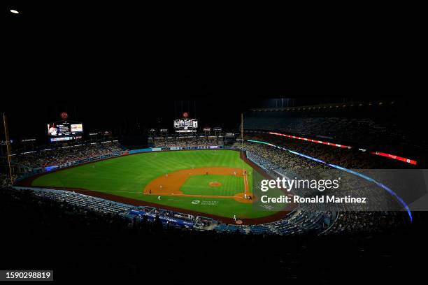 General view of play between the Oakland Athletics and the Los Angeles Dodgers at Dodger Stadium on August 01, 2023 in Los Angeles, California.