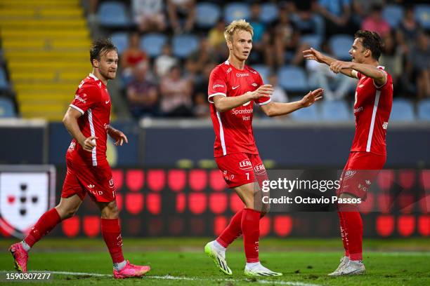 Mathias Rasmussen of Brann celebrates after scoring his sides first goal during the UEFA Conference League Third Qualifying Round: First Leg match...