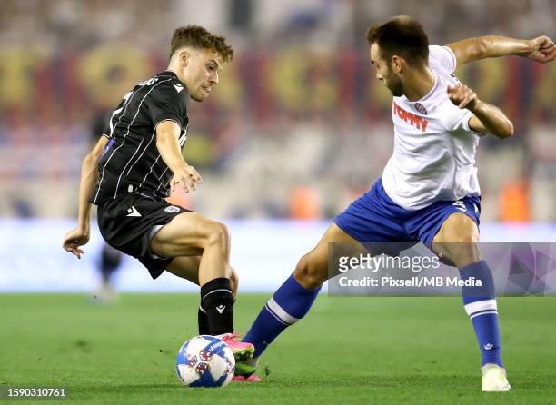 Ioannis Konstantelias of PAOK in action against Ferro of Hajduk Split during the UEFA Conference League Third Qualifying Round, 1st leg match between...