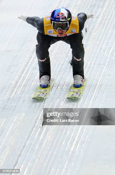 Gregor Schlierenzauer of Austria competes during the trial round for the FIS Ski Jumping World Cup event of the 61st Four Hills ski jumping...