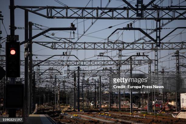 Commuter train tracks at Chamartin commuter train station, on August 3 in Madrid, Spain. An incident at Adif's Centralized Traffic Center in...