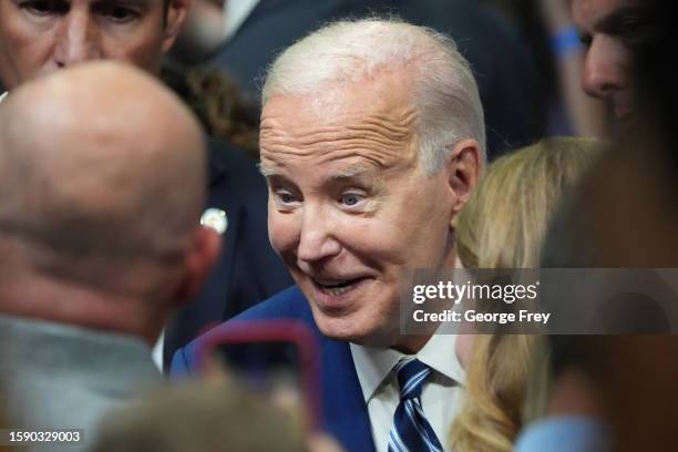 President Joe Biden greets people after he spoke at the George E. Wahlen Department of Veterans Affairs Medical Center on August 10, 2023 in Salt...