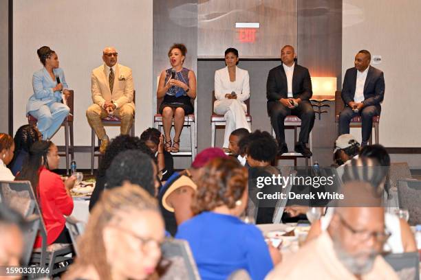 Danya Bacchus, Ed Gordon, Michelle Miller, Jericka Duncan, Jason Samuels and Alvin Patrick speak at BET and CBS news presents: Content For Change:...