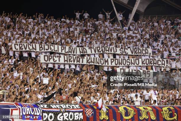 Fans cheer on the stands during the UEFA Conference League Third Qualifying Round, 1st leg match between Hajduk Split and PAOK at Poljud Stadium on...