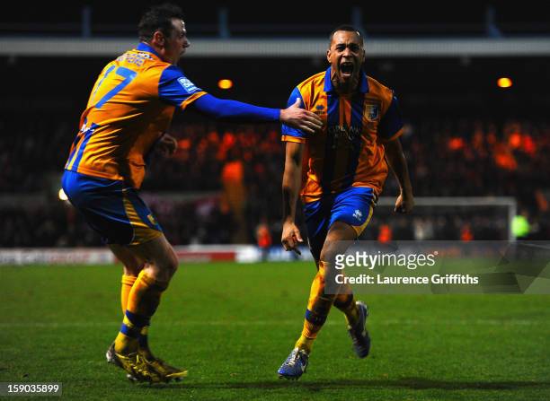 Matt Green of Mansfield Town celebrates his goal with Lee Beevers during the FA Cup with Budweiser Third Round match between Mansfield Town and...