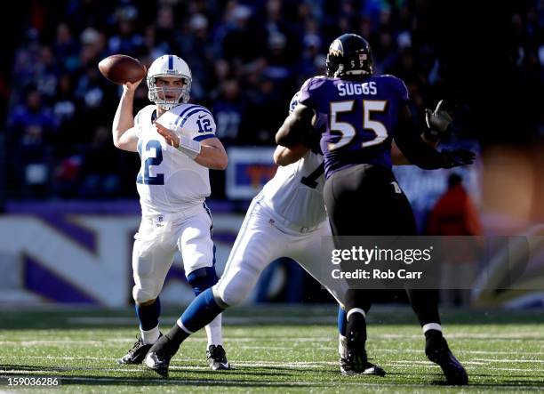 Andrew Luck of the Indianapolis Colts throws a pass in the first quarter against Terrell Suggs of the Baltimore Ravens during the AFC Wild Card...