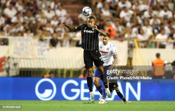 William Ekong of PAOK gets up for a header during the UEFA Conference League Third Qualifying Round, 1st leg match between Hajduk Split and PAOK at...