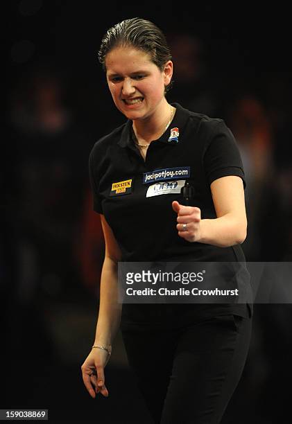 Sharon Prins of The Netherlands celebrates winning her Quarter Final match against Irina Armstrong of Germany on day two of the BDO Lakeside World...