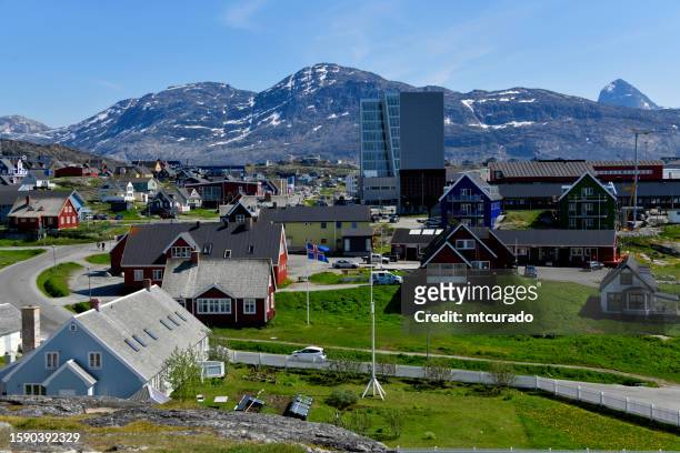 downtown nuuk and the mountains, greenland - nuuk greenland stock pictures, royalty-free photos & images