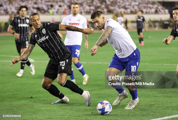 Marko Livaja of Hajduk Split in action against William Ekong of PAOK during the UEFA Conference League Third Qualifying Round, 1st leg match between...