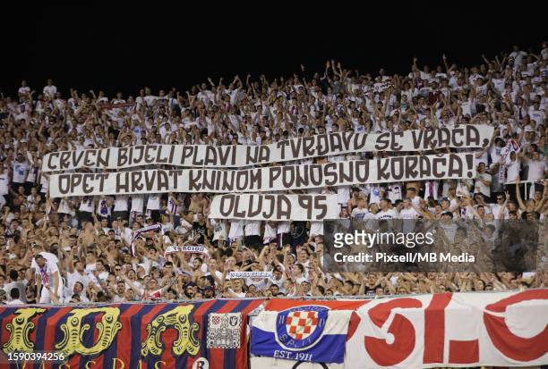 Fans cheer on the standsduring the UEFA Conference League Third Qualifying Round, 1st leg match between Hajduk Split and PAOK at Poljud Stadium on...