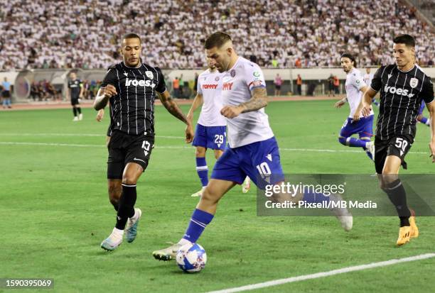 Marko Livaja of Hajduk Split in action against William Ekong of PAOK during the UEFA Conference League Third Qualifying Round, 1st leg match between...