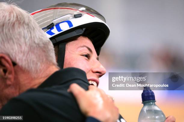 Chloe Dygert of The United States celebrates at finish line as gold medal winner during the women elite individual pursuit - final in the 96th UCI...