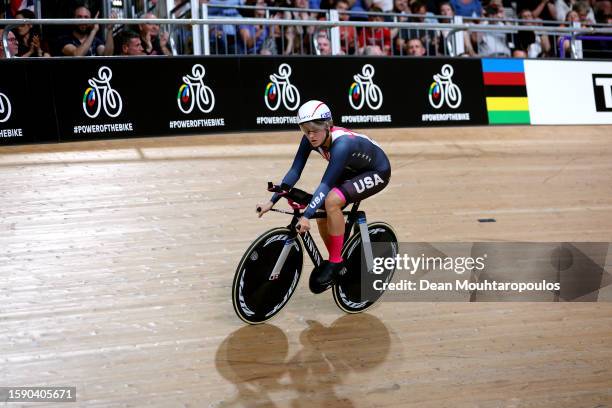 Chloe Dygert of The United States competes during the women elite individual pursuit - final in the 96th UCI Cycling World Championships Glasgow...