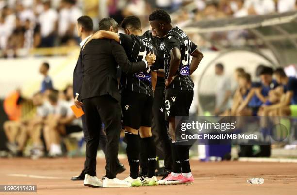 Head Coach Razvan Lucescu in conversation with Taison of PAOK during the UEFA Conference League Third Qualifying Round, 1st leg match between Hajduk...