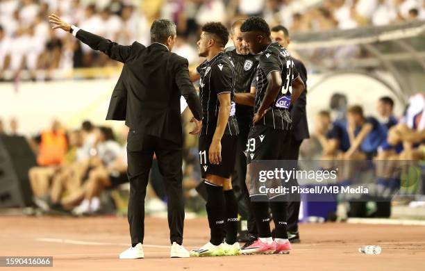 Head Coach Razvan Lucescu in conversation with Taison of PAOK during the UEFA Conference League Third Qualifying Round, 1st leg match between Hajduk...