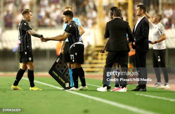 Taison of PAOK substitutes Brandon of PAOK during the UEFA Conference League Third Qualifying Round, 1st leg match between Hajduk Split and PAOK at...