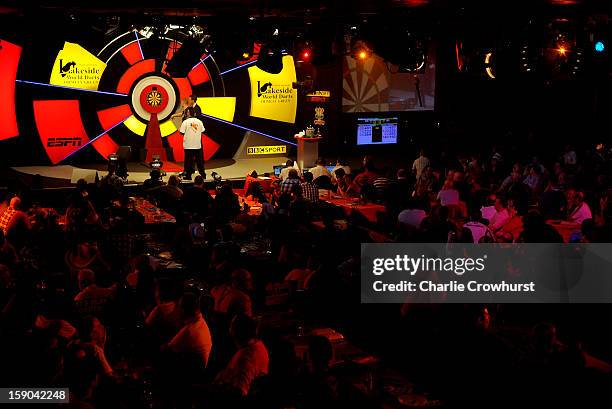 General view of the action on day two of the BDO Lakeside World Professional Darts Championships at Lakeside Country Club on January 06, 2013 in...