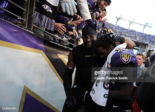 Ray Lewis and Ed Reed of the Baltimore Ravens celebrate after they won 24-9 against the Indianapolis Colts during the AFC Wild Card Playoff Game at...