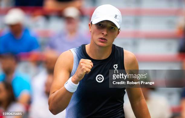 Iga Swiatek of Poland in action against Karolina Muchova of the Czech Republic in the third round on Day 4 of the National Bank Open Montréal at...