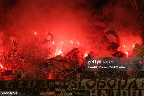 Fans lit flares on the stands during the UEFAConference League Third Qualifying Round, 1st leg match between Hajduk Split and PAOK at Poljud Stadium...