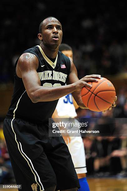 Aaron Rountree III of the Wake Forest Demon Deacons against the Duke Blue Devils during play at Cameron Indoor Stadium on January 5, 2013 in Durham,...