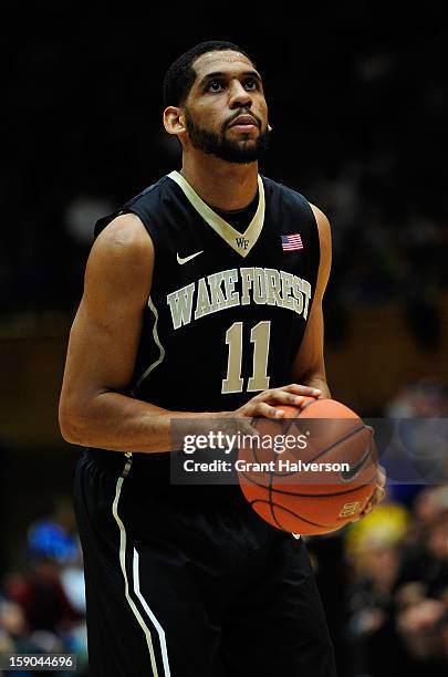 Harris of the Wake Forest Demon Deacons drives against the Duke Blue Devils during play at Cameron Indoor Stadium on January 5, 2013 in Durham, North...