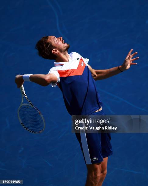 Daniil Medvedev serves against Lorenzo Musetti of Italy during Day Four of the National Bank Open, part of the Hologic ATP Tour, at Sobeys Stadium on...