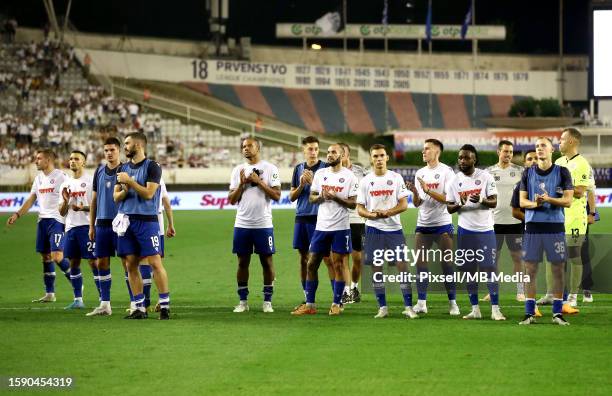 Hajduk Split players acknowledge the fans after UEFA Conference League Third Qualifying Round, 1st leg match between Hajduk Split and PAOK at Poljud...