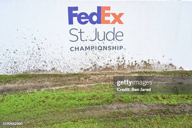 FedEx St. Jude Championship signage is seen during the first round of the FedEx St. Jude Championship at TPC Southwind on August 10, 2023 in Memphis,...